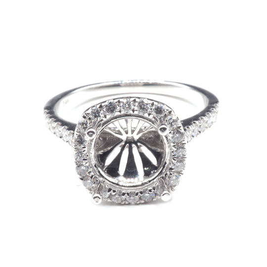 14K White Gold Ring Round 8.5 mm With White Diamonds , Semi-Mount