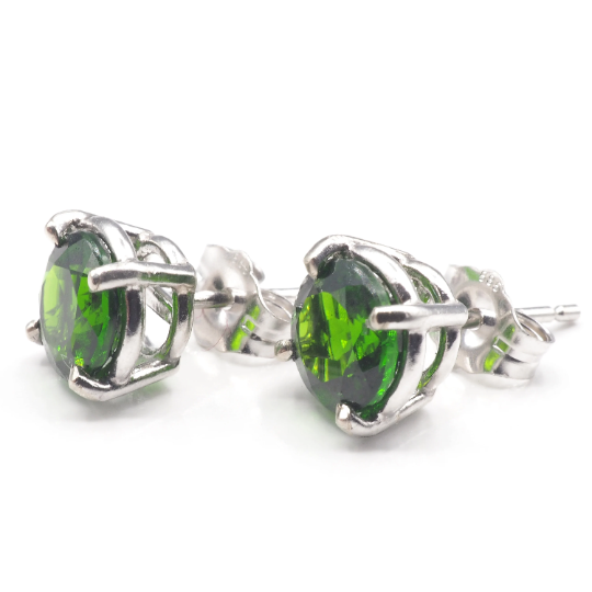 Chrome Diopside Round 6 mm Stud Earrings in 14K White Gold, 1.88 Carat