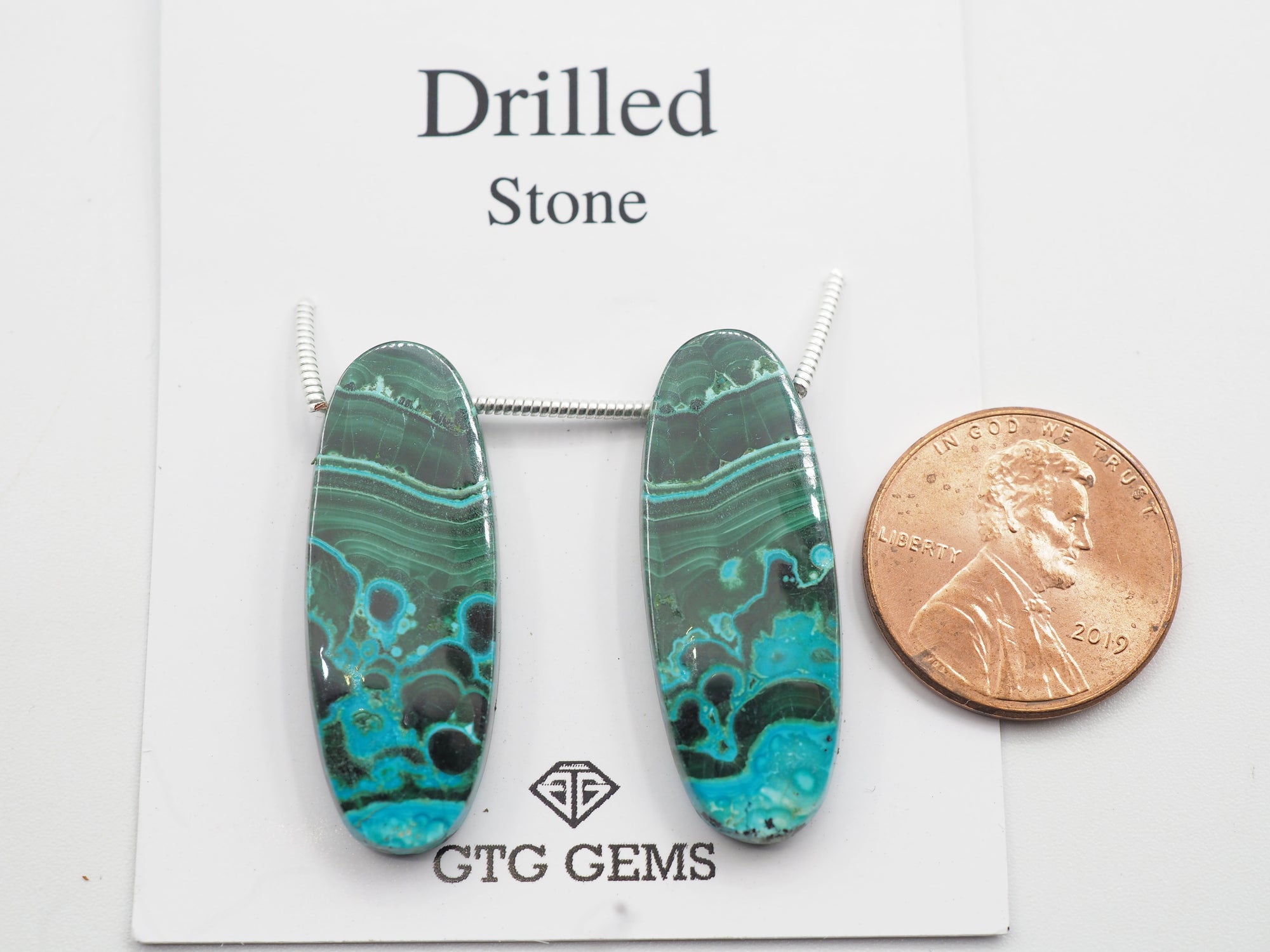 Drilled Malachite Chrysocolla matching pair 30.50x11mm Approximately 39 carat