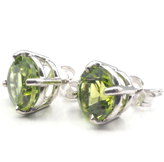 Peridot Round 8 mm Stud Earrings in 14K White Gold, 4.55 Carat