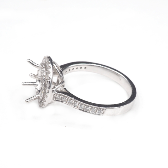 14K  White Gold Ring Round 6.5 mm With White Diamonds , Semi-Mount