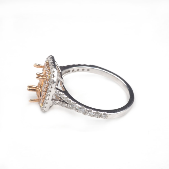 14K  White/Rose Gold Halo Ring Emerald Cut 7x5mm With White Diamonds , Semi-Mount