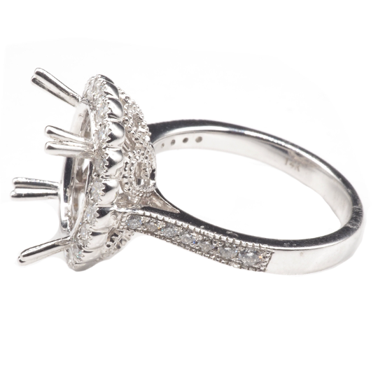 14K White Gold Ring Oval 12 x 10 mm With White Diamonds , Semi-Mount