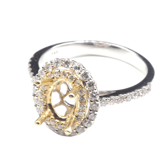 14K White Yellow Gold Ring Oval 7 x 5 mm With White Diamonds, Semi-Mount