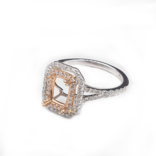 14K  White/Rose Gold Halo Ring Emerald Cut 7x5mm With White Diamonds , Semi-Mount